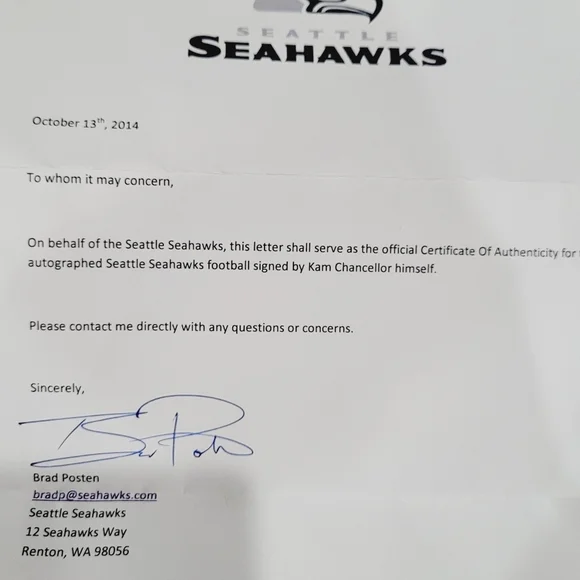 NFL Kam Chancellor Autographed Signed Football W/ Signing Pen W/Letter